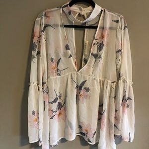 Sheer, floral keyhole blouse, wide sleeve